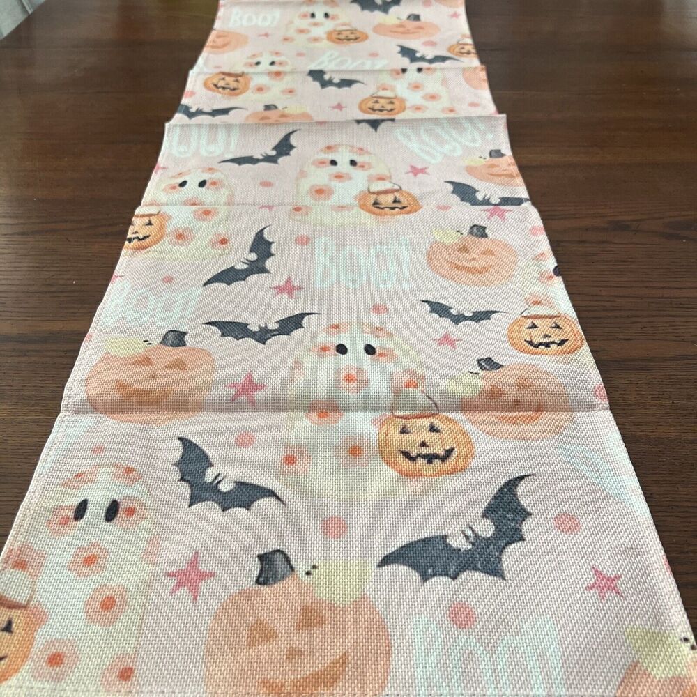 Jack-O-Lantern Spooky Ghosts Pumpkin Bat Halloween Table‎ Runner Pink 13”x48”